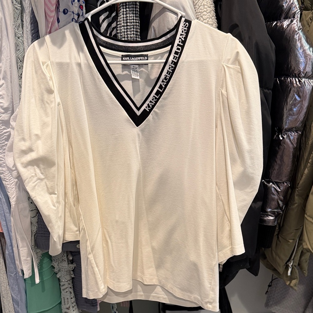 Karl Lagerfeld Cream V-Neck Long Sleeve Tunic with Black Trim